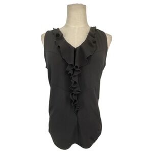 White House Black Market Black Ruffle V-Neck Sleeveless Blouse Top Womens Medium